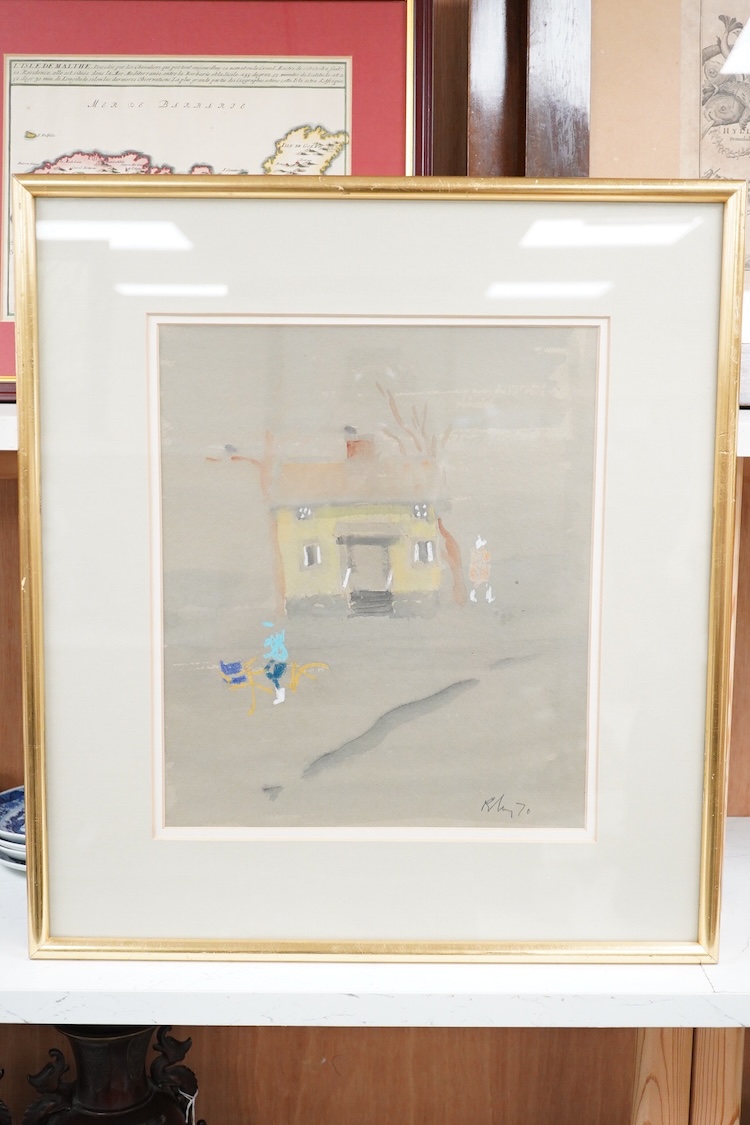 Harold Riley, Child cycling by a yellow house, signed and dated '70, watercolour, 34 x 28cm